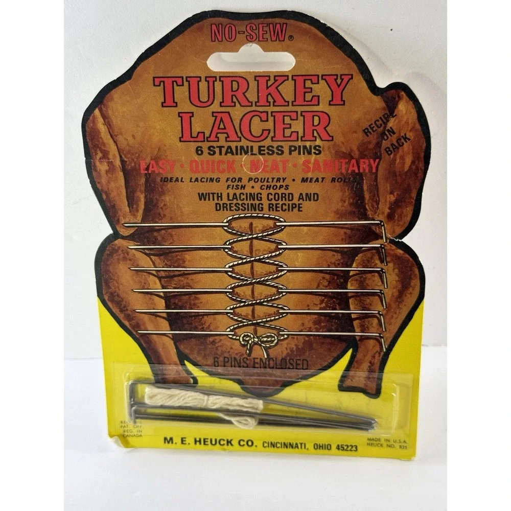 Vintage M.E. Heuck Co No-Sew Turkey Lacer Kit 6 Pins Twine Recipe New Old Stock